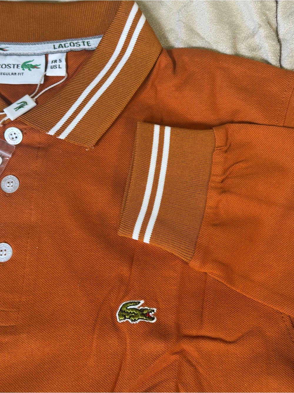 Lacoste Mens Rust Orange Long Sleeve Polo with Striped Collar - Picture 8 of 8